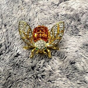 Rare Vintage Amber & Clear Crystal Fly Pin Brooch